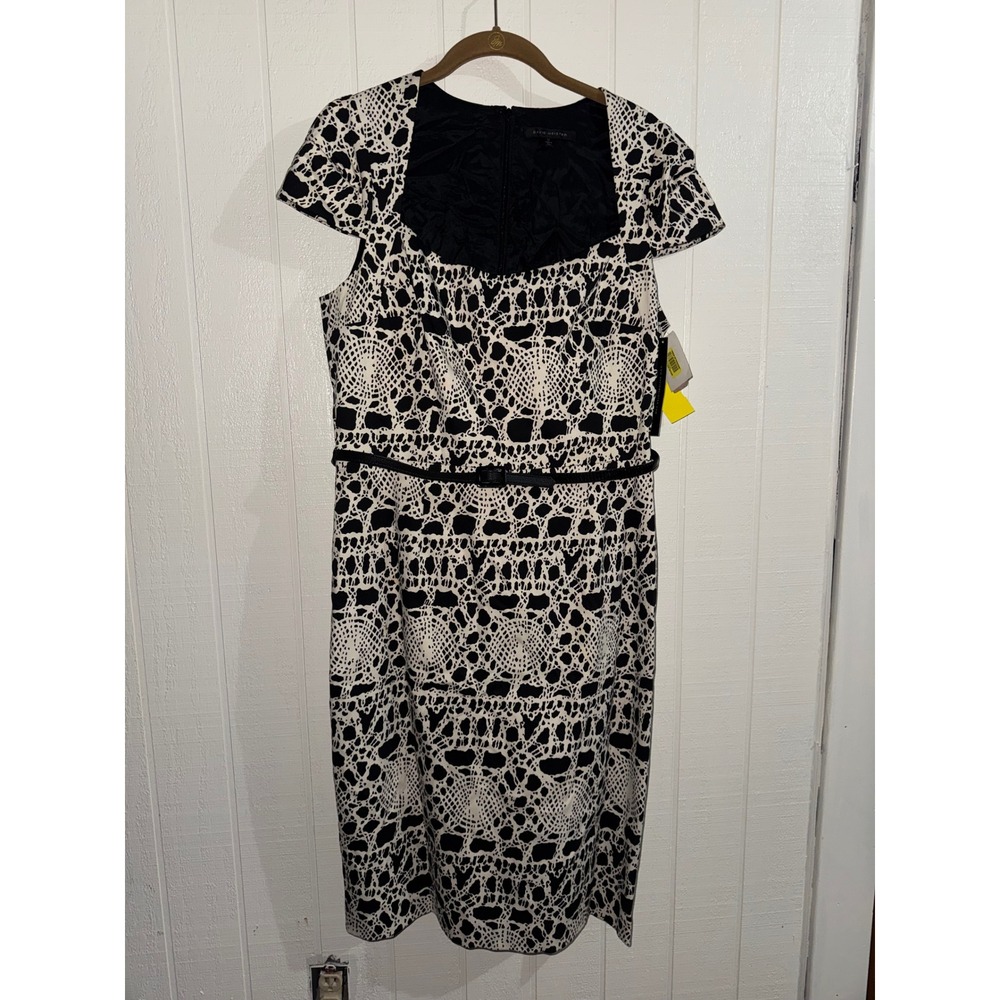 David Meister Womens Black Geometric Lace Print Sheath Dress Belted Size 12